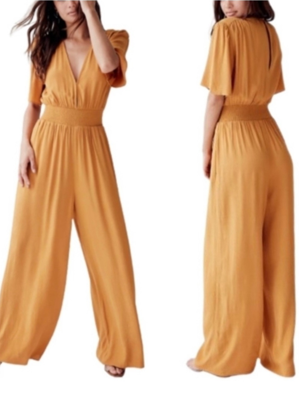 Wilfred NWOT Golden Mustard Wide-Leg with Smocked Waist Jumpsuit Size M